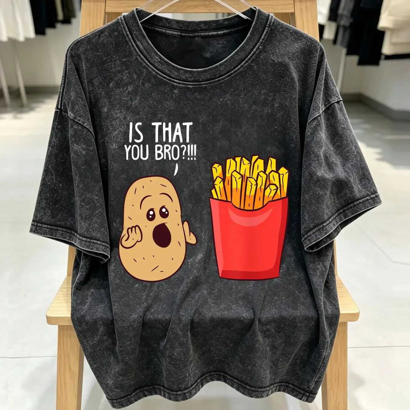 washed T Shirt Potato Is That You Bro Funny French Fries Animated  vintage Washed Slightly Soft fashion streetwear Breathable