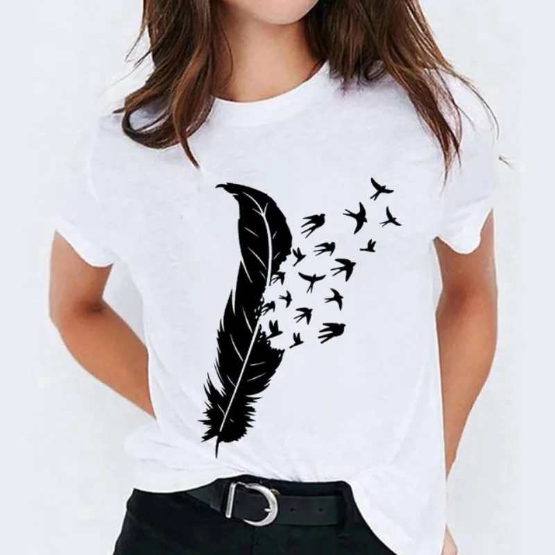 New Feather Print Watercolor Pattern Women's Top Short Sleeve T-shirt Base Harajuku  Women Clothes  Aesthetic Clothes T Shirts