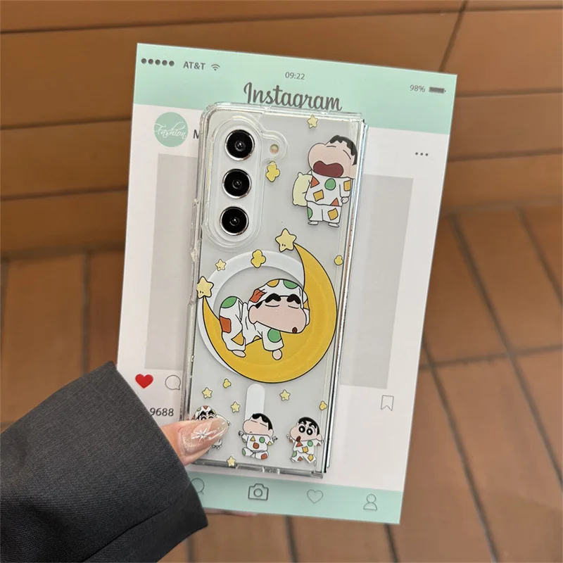 Cute moon Star Crayon Shin-chan Folding Magsafe Wireless Charge Case For Samsung ZFold 3 4 5 6 7 ZFold7 Cartoon Magnetic Holder