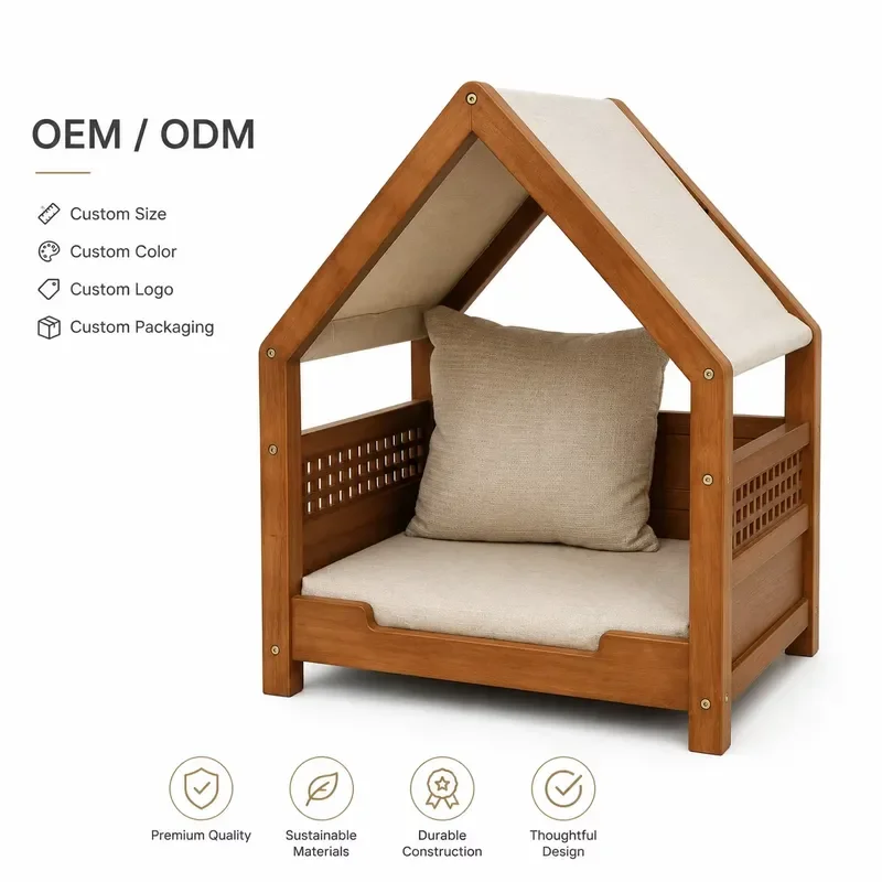 Pet Bed Wooden House Design Rubberwood Frame Removable Cotton Linen Fabric Custom Logo Private Label Wholesale Pet Beds