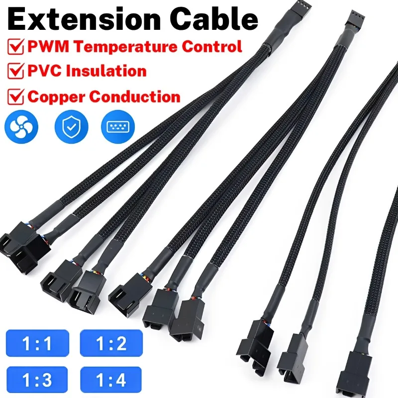 Small 4Pin Temperature Control PWM Fan Splitter 1 to 1/2/3/4 Extension Cable PC Computer CPU Fan Extension Power Cable Splitter
