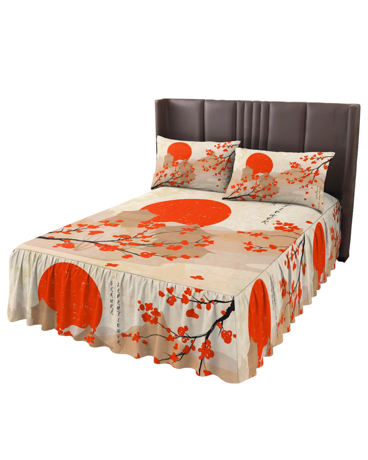 Flower Cherry Blossom Sun River Retro Bed Skirt Elastic Fitted Bedspread With Pillowcases Mattress Cover Bedding Set Bed Sheet