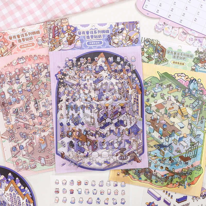 Card Lover 4 Pcs [Day And Night Fairy Tale Series] Miniature Landscaping Hand Booklet Large Size Stickers Puzzle Stickers PET