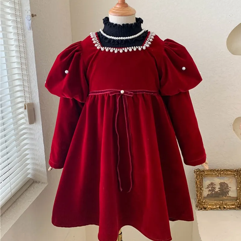

Baby Clothes 18M-10Y Newborn Baby Girl Princess Bow Pearl Dress Puff Sleeve Infant Toddler Beading Velvet Vintage Xmas Party