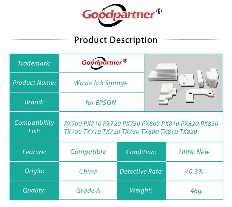 1X Waste Ink Sponge Pad for EPSON PX700 PX710 PX720 PX730 PX800 PX810 PX820 PX830 TX700 TX710 TX720 TX730 TX800 TX810 TX820 837
