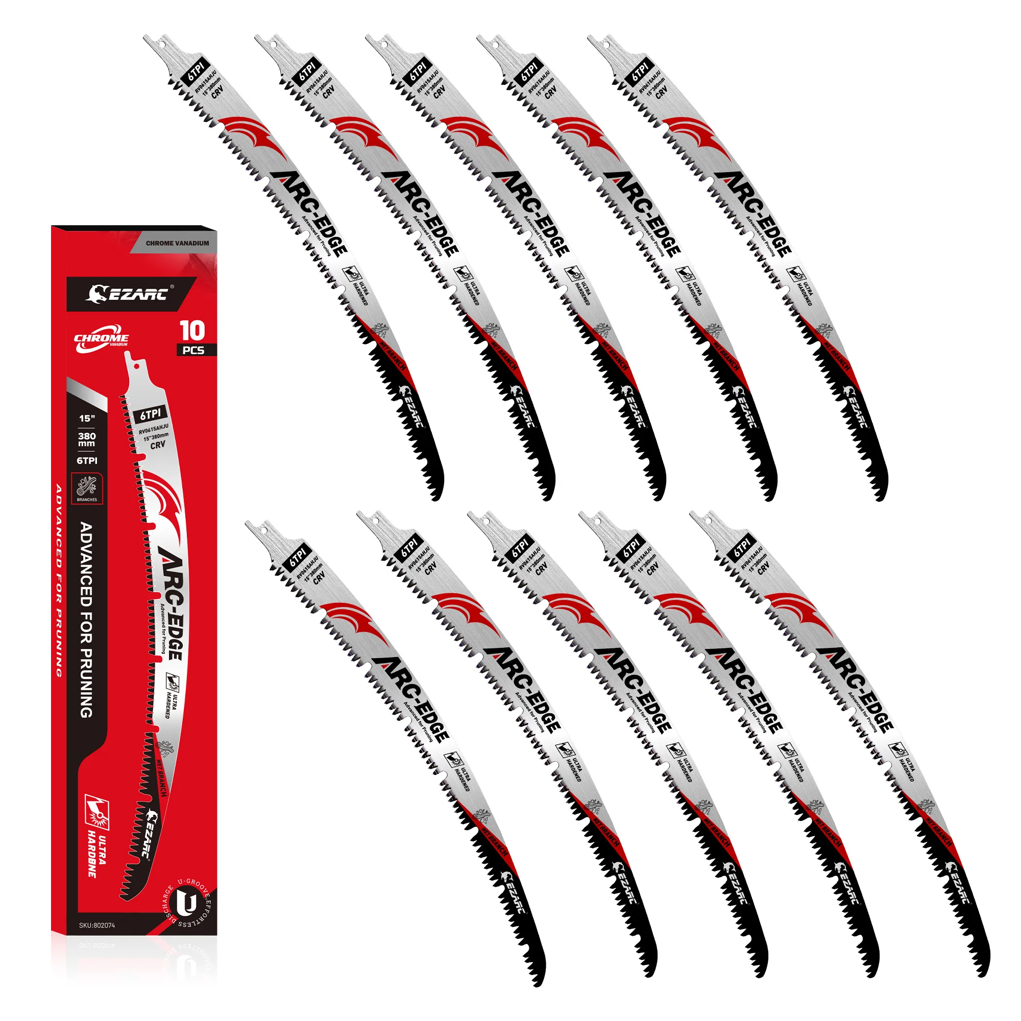 EZARC 10PC Arc Edge Reciprocating Saw Blades 15-Inch 6TPI Extra-Long Wood Pruning Tool U-Groove Chip Removal for Tree/Green Wood