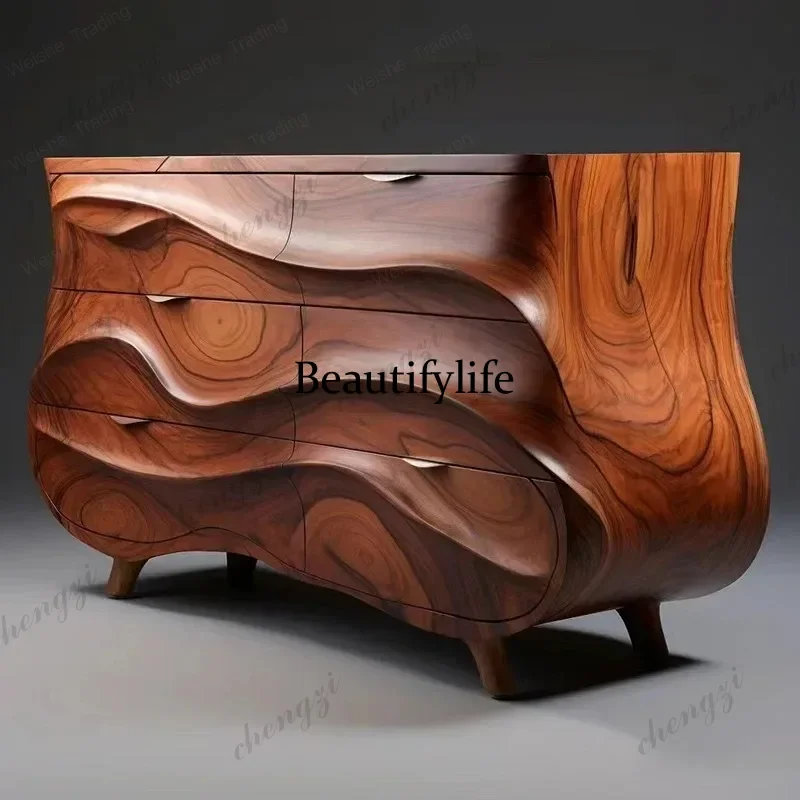 Y136 Nordic Retro Black Walnut Solid Wood Entrance Cabinet Designer Model Creative Upscale Sideboard Cabinet