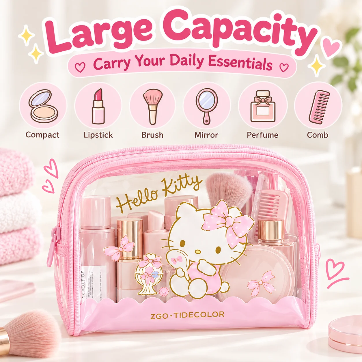 Sanrio Transparent Makeup Bag Waterproof PVC Travel Toiletry Bag Cute Hello Kitty Portable Cosmetic Pouch Makeup Organizer