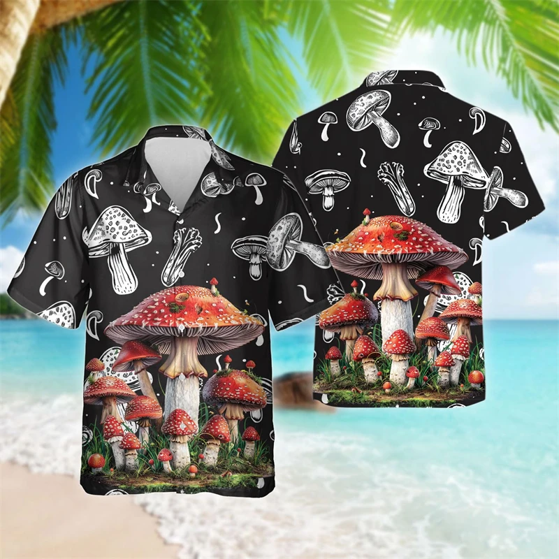 Fashion Mushroom Graphic Beach Shirts Colorful Forest Short Sleeve Shirt For Men Clothes Hip Hop Male Blouses Casual Women Tops