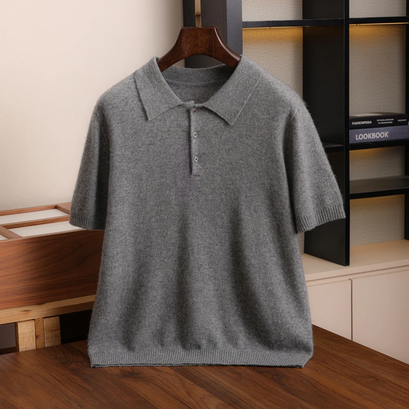 

Collared 100% Cashmere Sweater For Men Short-Sleeved Knitted Pullover Base Layer Shirt Half-Sleeve Sweater Business Outerwear