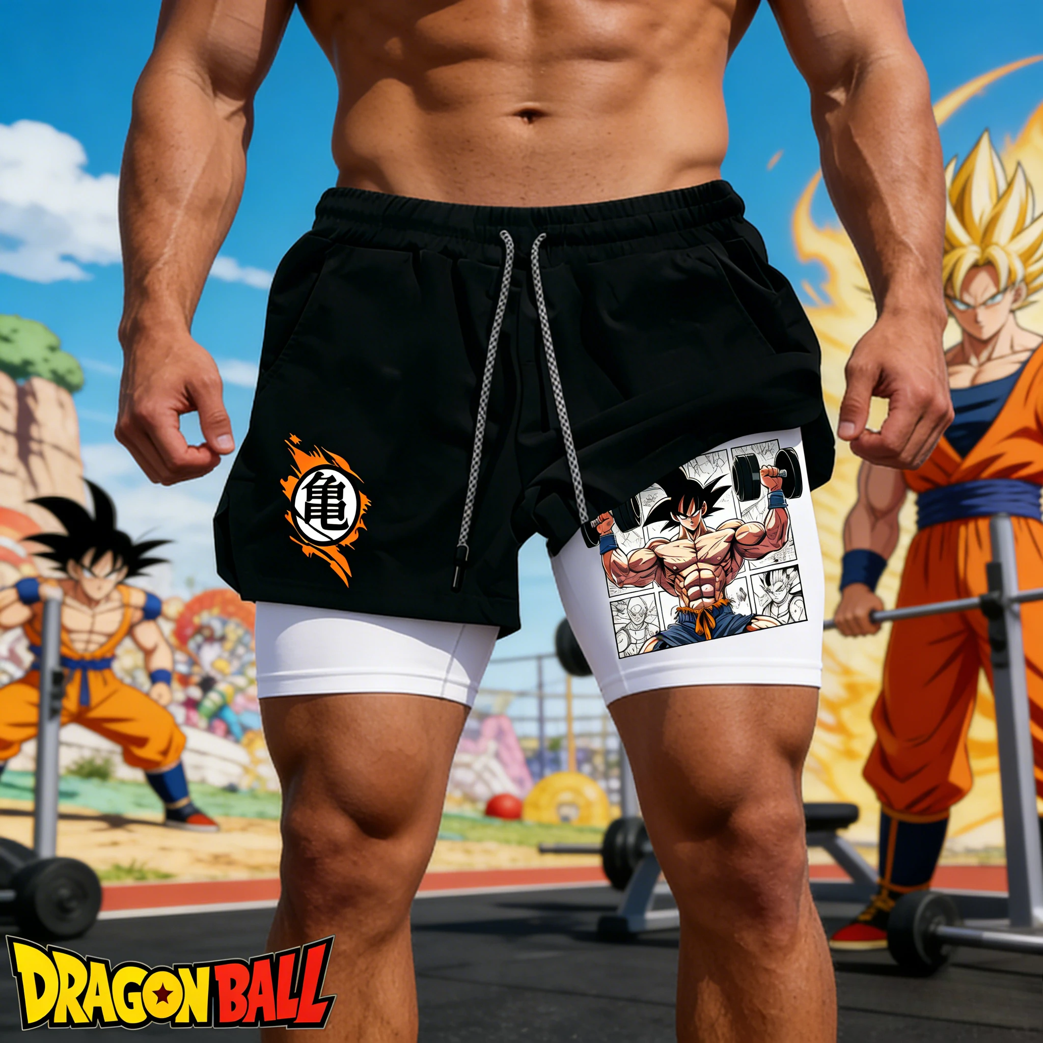 2026 Sommer Dragon Ball Fake Zweiteiler-Shorts für Herren Retro-Boxen Goku-Print Atmungsaktiv Schnelltrocknend Fitness Streetwear Unisex