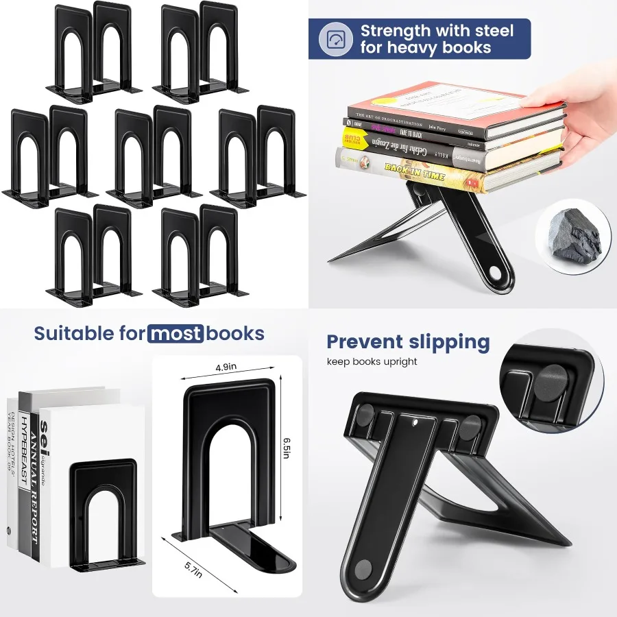 

Нескользящие металлические опоры для книг для полок, сверхмощные подставки для книг для офиса и домашнего использования, 6 x 5 x 6 дюймов, 14 шт./7 пар, черные