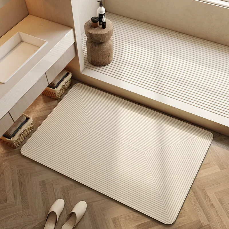 

Bathroom Carpet Absorbent Floor Mats Non-slip Bath Rug Home Decor Cream Beige Stripes Area Rugs Toilet Entrance Diatom Mud Mat