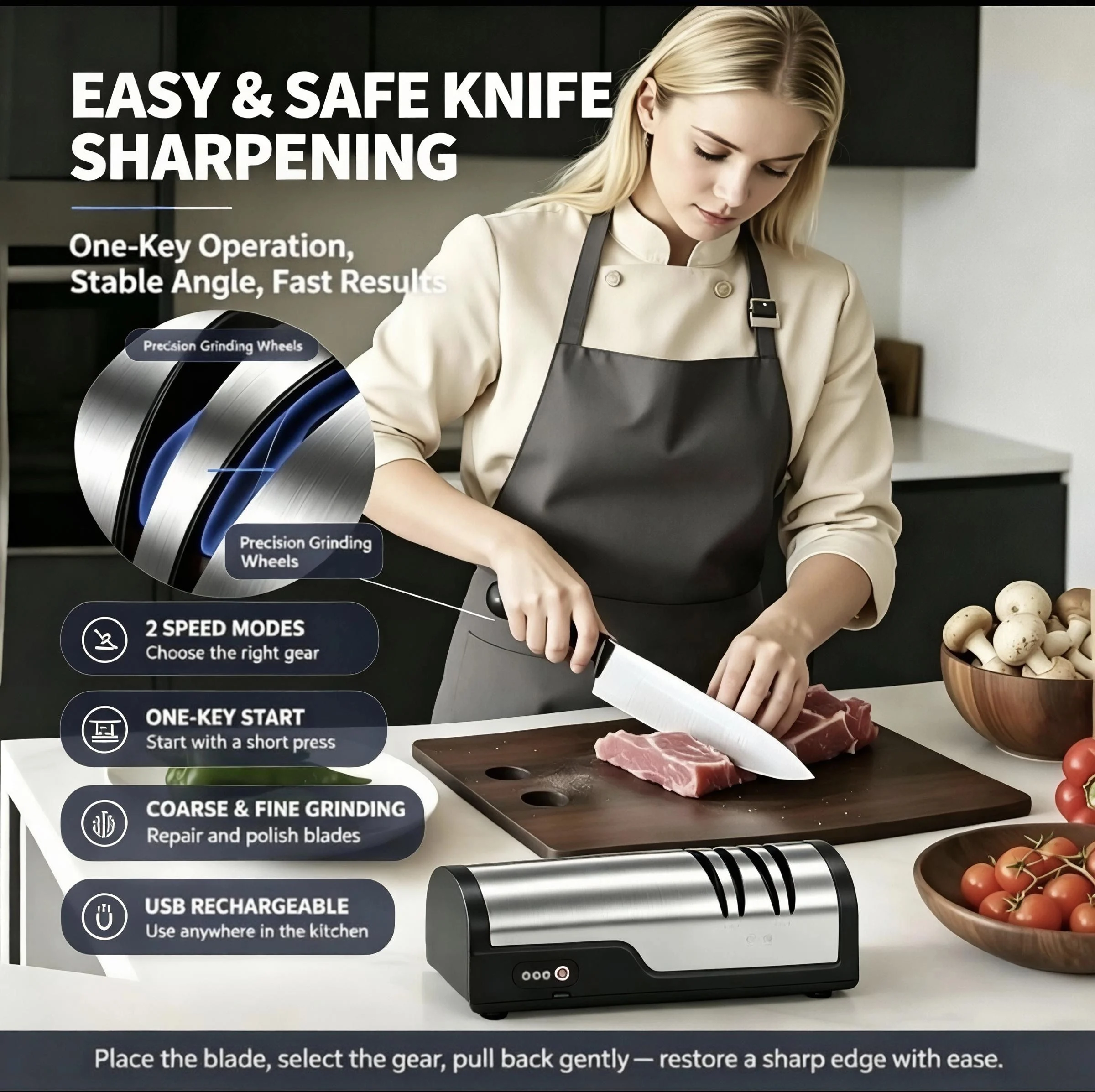 USB Rechargeable Electric Knife Sharpener, 2 Speed Adjustable One‑Key Start, Coarse & Fine Grinding Kitchen Knife Sharpening Too