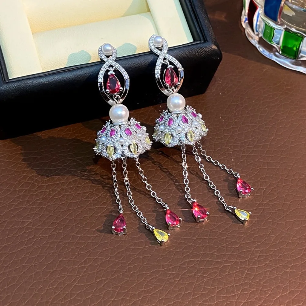 

High End Folk Style Pearl Tassel Earrings Zircon Lantern Earrings Fashionable Temperament Earrings