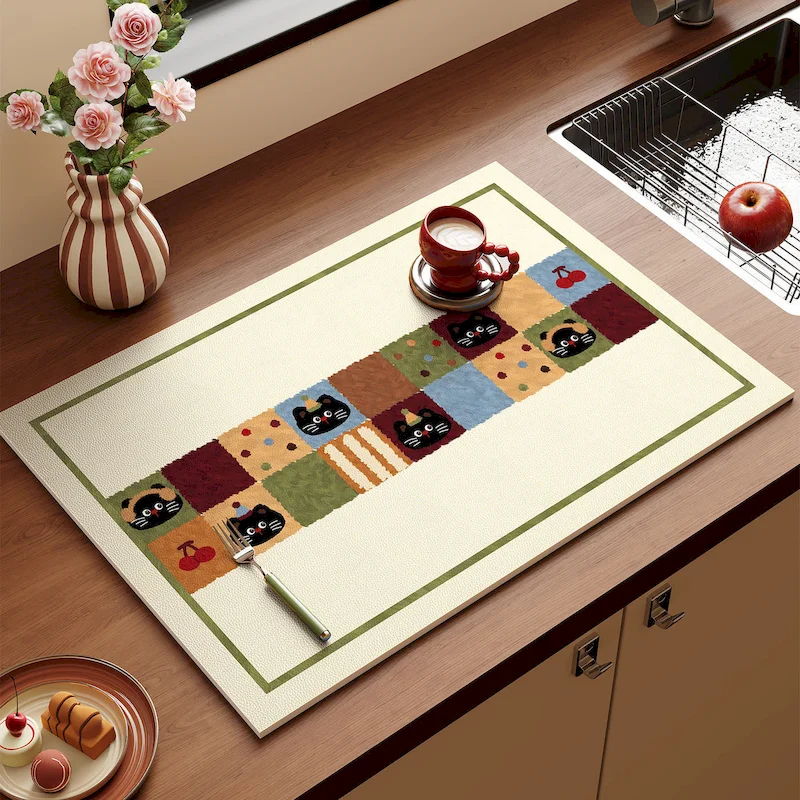 VIKAMA Cute Cartoon Black Cat Patchwork Drainage mat Retro Splicing Print Absorbent Kitchen Counter Pad Home Decoration