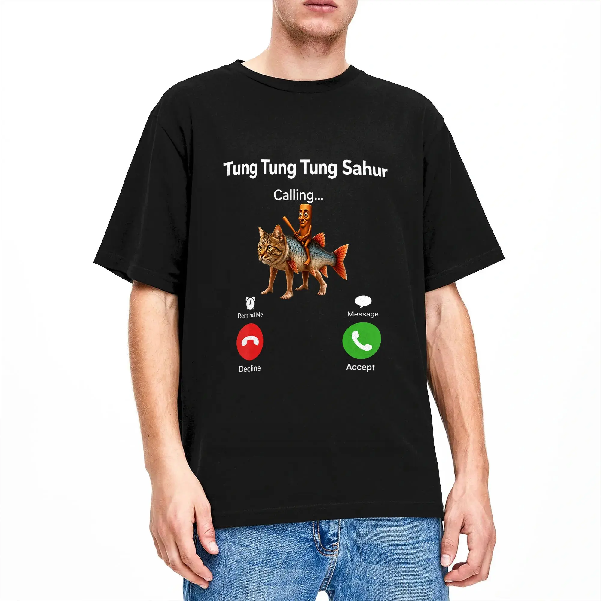Oversized T-Shirt Beach Tung Sahur Calling Funny Fishing Brainrot Joke Hip Hop T Shirts Cotton Tee Shirt for Man Loose Clothes