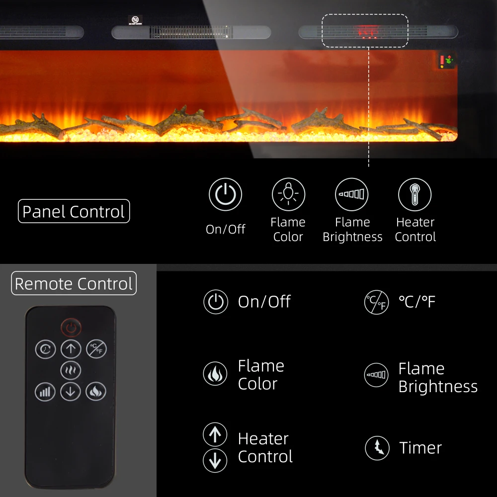 60 inch elektrische inbouwhaard en wandmontage met afstandsbediening, 1500 W open haardkachel met 8 uur timer, verstelbare vlam