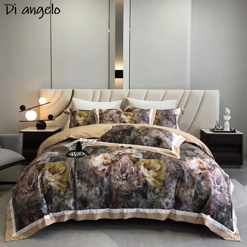 Egyptian Cotton Digital Printing Luxury Bedding Set, Flowers, Duvet Cover, Bed Sheet, Pillowcase, Queen, King #/L, 1000TC