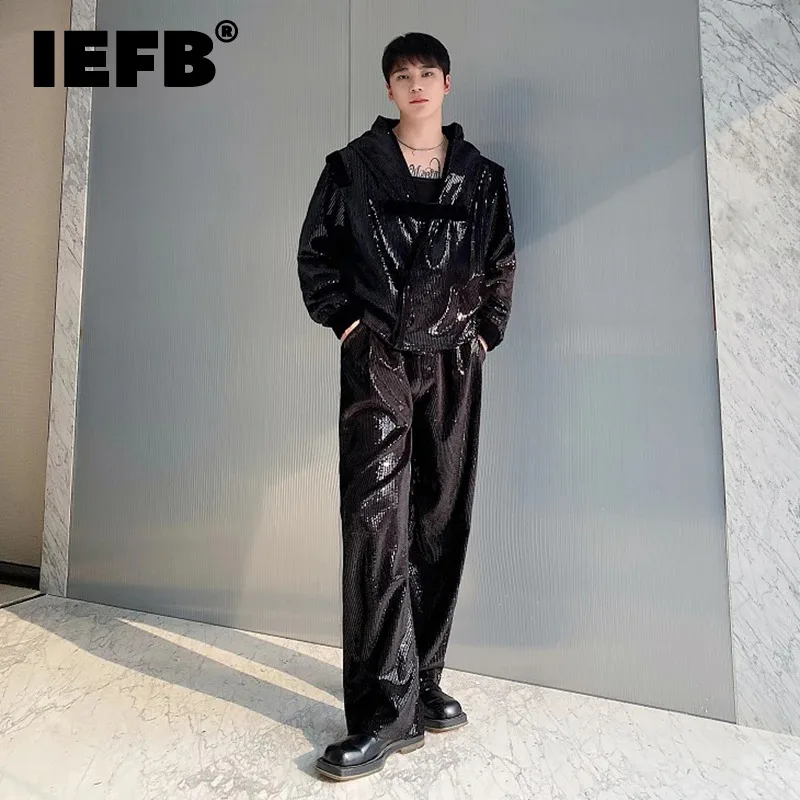 

IEFB Spring New Korean Two-piece Velvet Embroidered Sequin Hooded Short Jacket Wide Leg Straight Pants Set 2024 Trend 9C5084