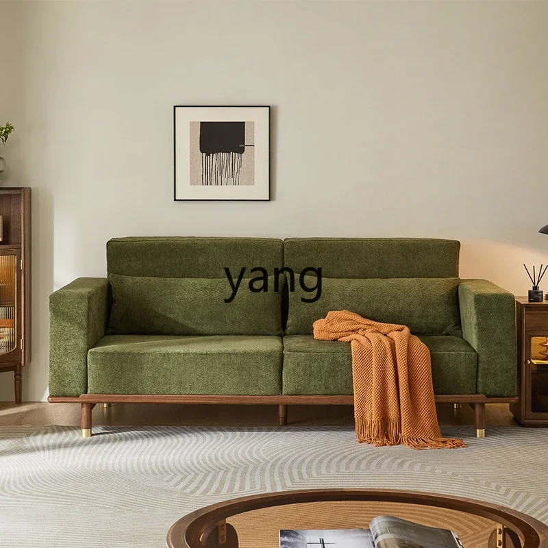 Yjq Fabric Sofa Vintage Solid Wood Three-Seat Small Apartment Living Room Modern Minimalist Black Walnut Wooden Furniture