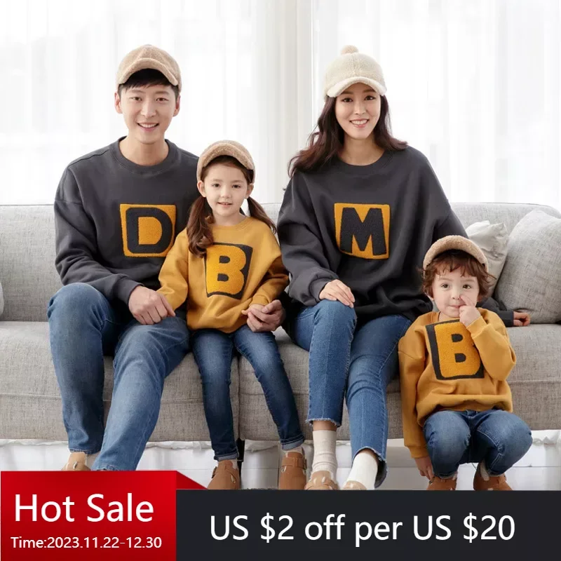 Korean Style Family Matching Outfits Winter Fleece Pajamas Adult Kids Baby Embroidered Letter Sweatshirt Spring Autumn Clothes