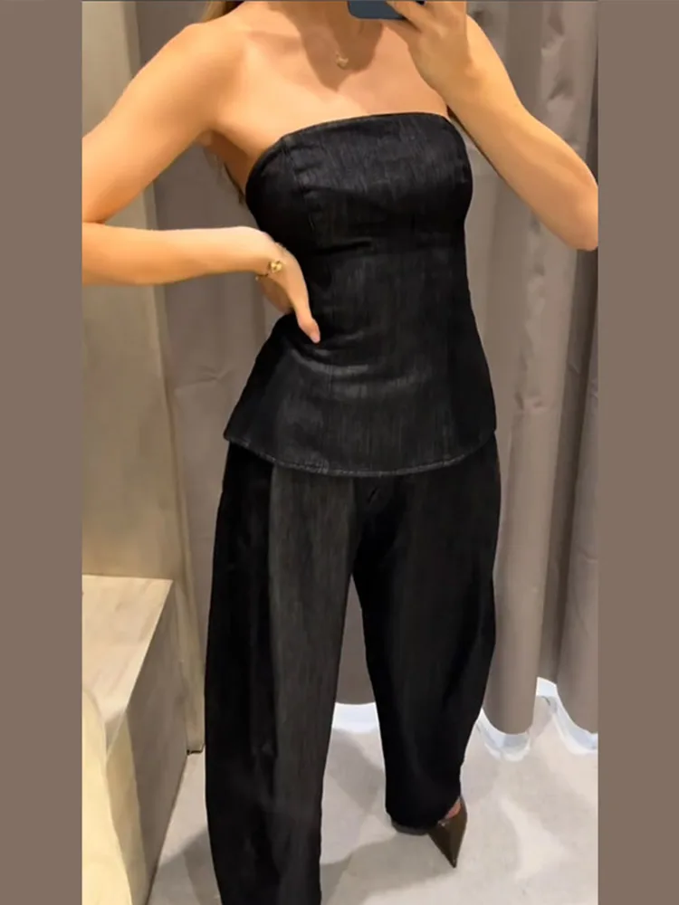 Flounce 슬림 Strapless 스트레이트 바지 데님 탑 허리 Cinching 옷깃 코트 루즈 데님 정장 여성 캐주얼 새로운 패션 여성 세트