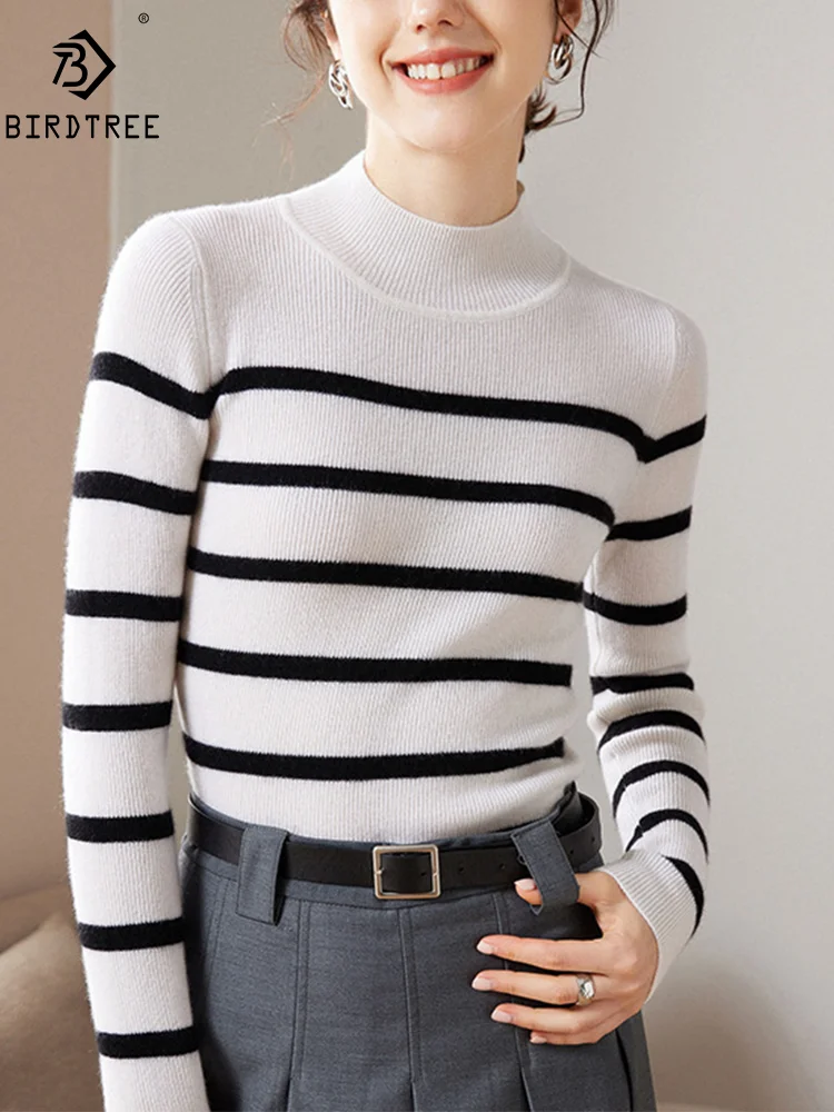 BirdTree, 100%Pure Cashmere Soft Sweaters, Women Mock Neck Striped, Casual Fashion Basics Sweater, 2024 Autumn Winter T476116QM