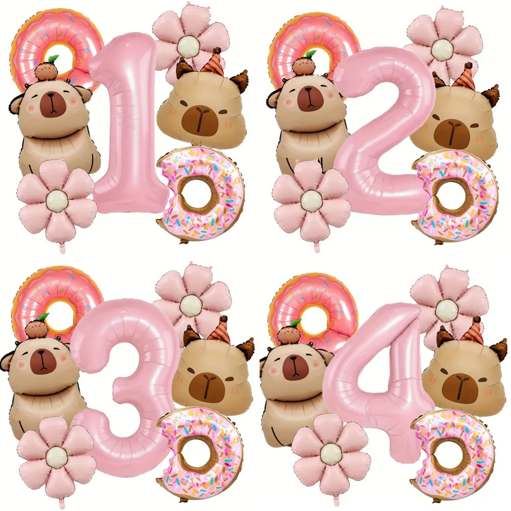 7 stücke Rosa Gänseblümchen Blumen Donuts Ballons Set Capybara Aluminium Folie Ballon Digitale 1-9 Folien Ballons Geburtstag Party liefert