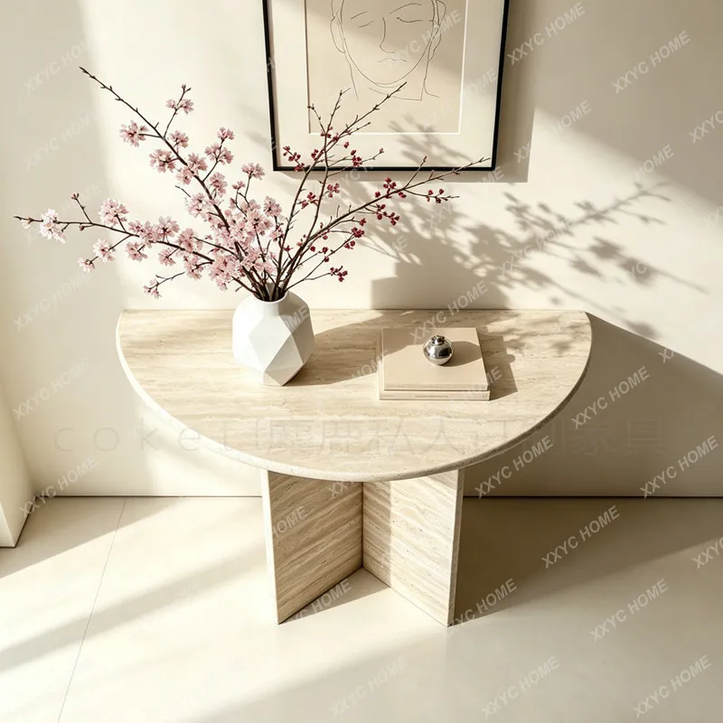 Natural marble entrance narrow strip table against the wall side table semi-circular entrance travertine storage table