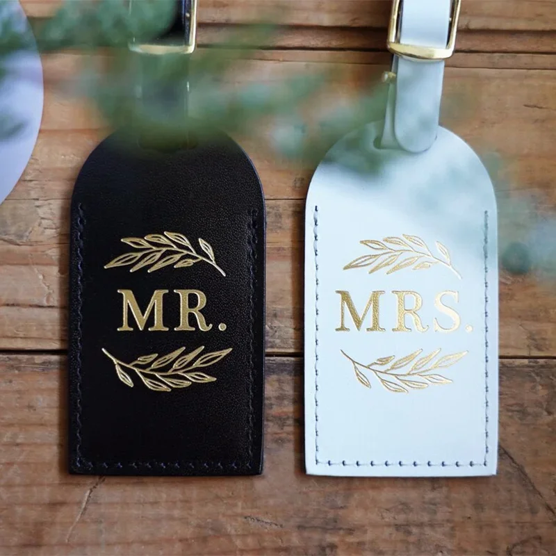 Mr Mrs Leather Luggage Tags Newlywed bride groom Couples just married Wedding Anniversary Honeymoon Vacation beach travel Gift