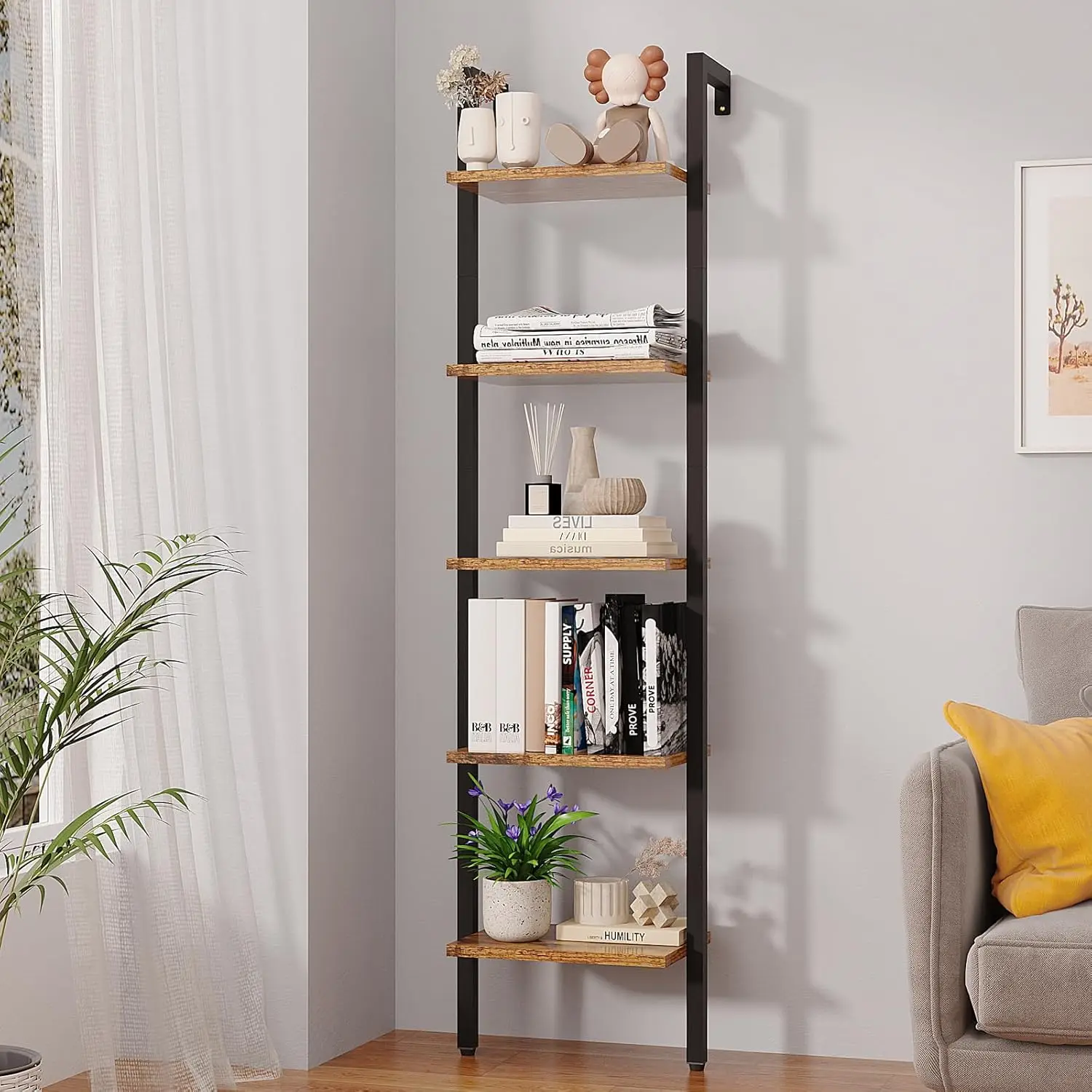 

5-Tier Industrial Bookcase, Wall-Mounted Metal Frame Shelf, Rustic Brown Wooden Storage for Bedroom, Office, Plant Stand