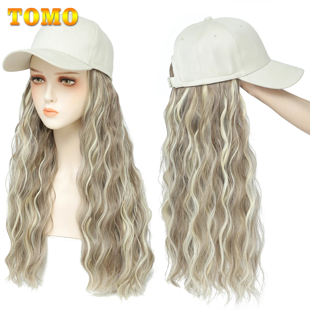 

TOMO Long Synthetic Baseball Cap Wig With Wavy Curly Hair Extensions Naturally Connect Adjustable Hat For Girl Black White Wig