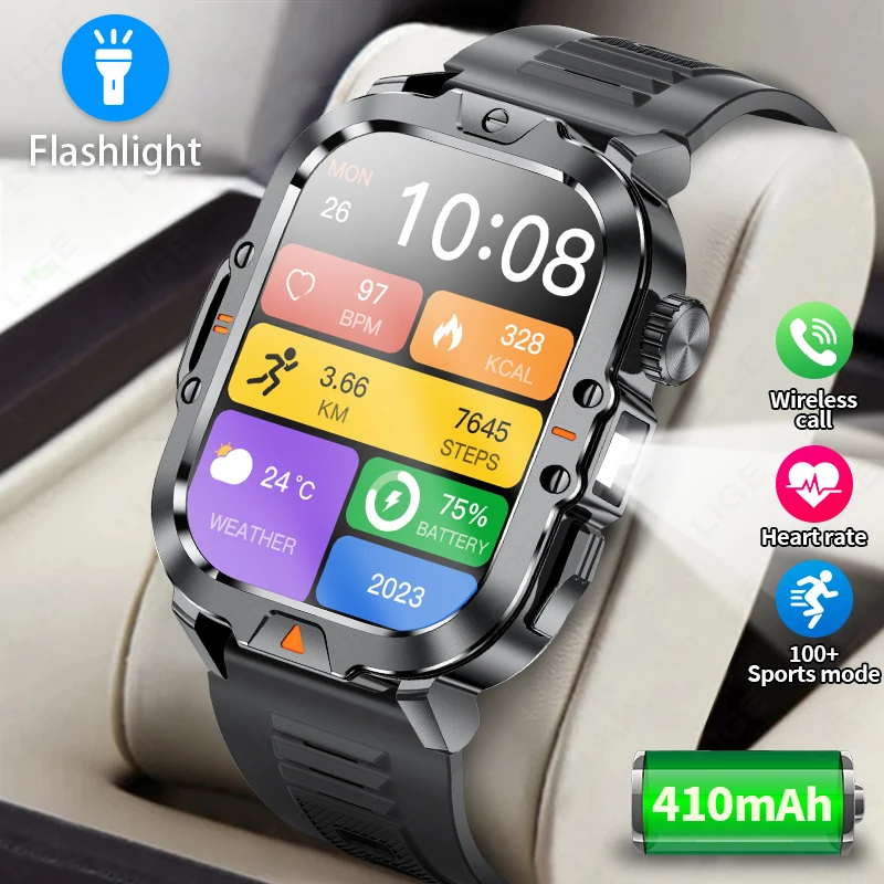 

LIGE New Smart Watch 2.01" HD Display Flashlight Bluetooth Phone Call 410mAh Battery Rugged Smartwatch Waterproof Smart Bracelet