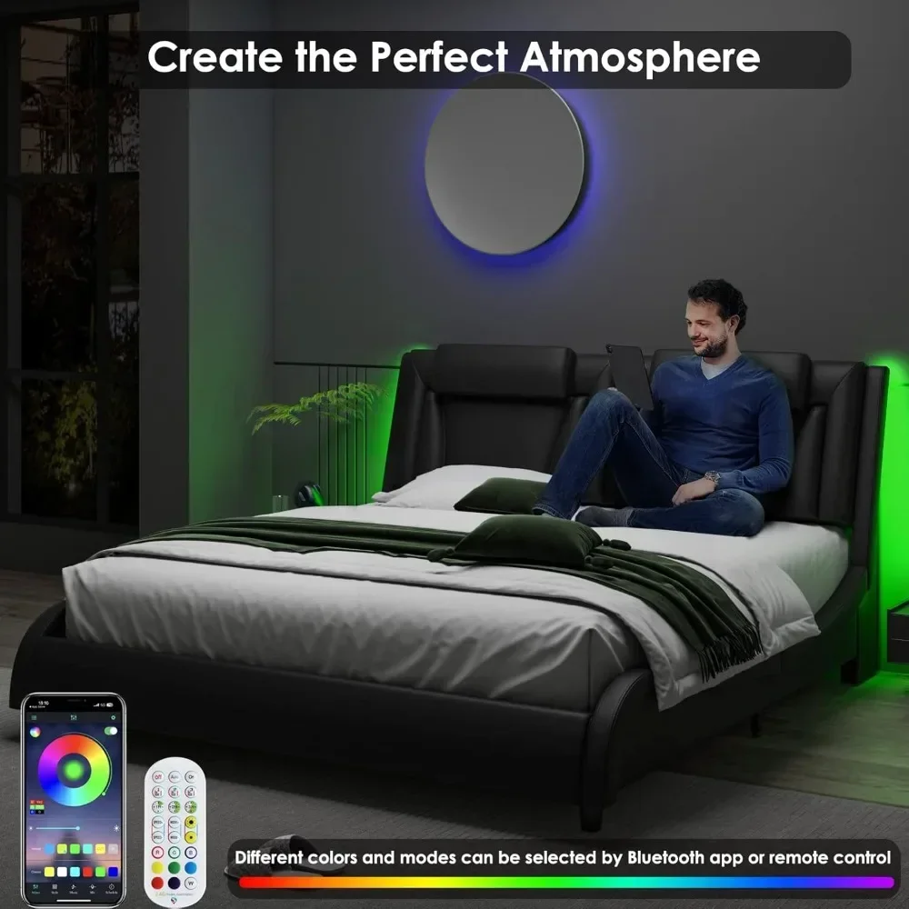 LED Headboard & Wave-Like Curve Design and Solid Wooden Slats Support, Pu Leather, No Box Spring Needed, Noise Free