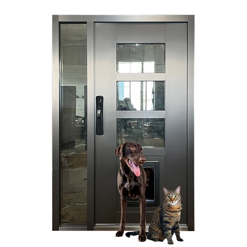 Modern Design Customized Stainless Steel Front Entry Doors With Pet Doors Installed