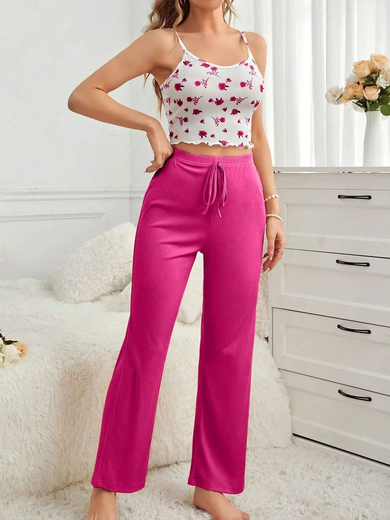 

New Women's Pajamas Home Clothes Summer Sexy and Comfortable Printed Straps Casual Wide Leg Pants Pajama Set Hot Selling Y2K
