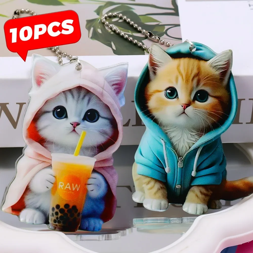 Acrylic Pink Hoodie Kitten Pendants Car Rearview Mirror Hanging Simulated Cute Cat Pendant 2D Flat Acrylic Key Backpack Pendant