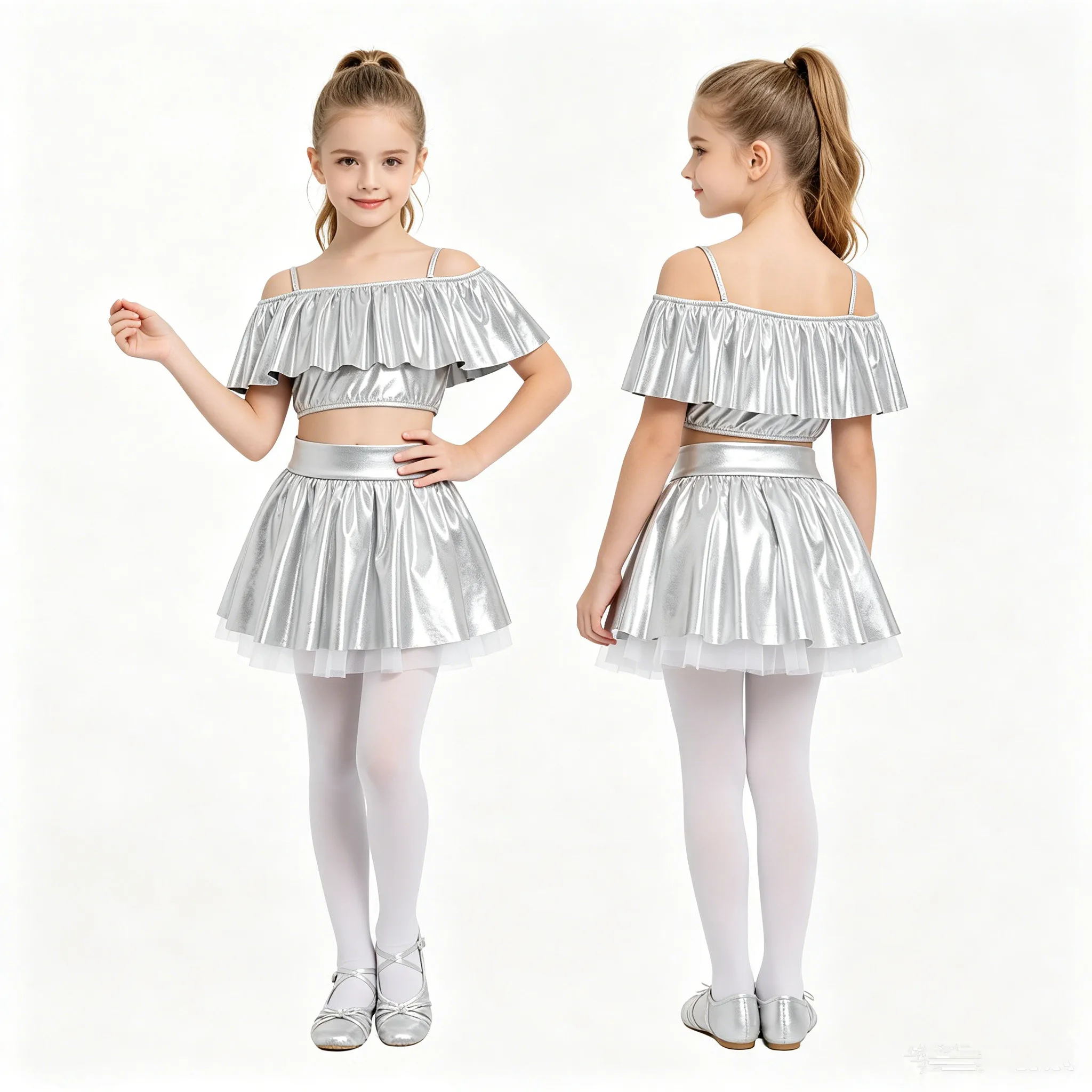 Children Girls Metallic Shiny Hip Hop Jazz Dance Crop Top with Mesh Tutu Skirt Cheerleading Performance Outfit for School Party