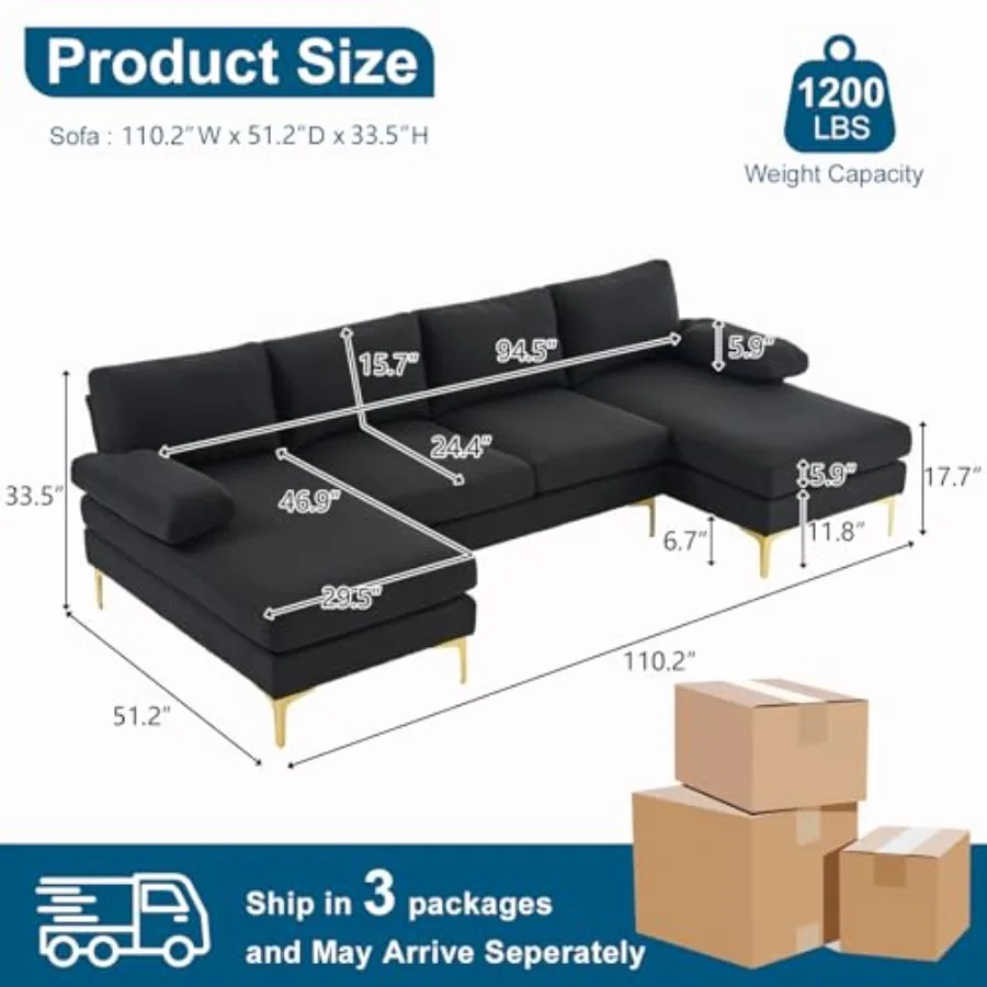Living room sectional couch, linen fabric, black, deep seat U-shaped design with removable pillows and metal legs for modern co