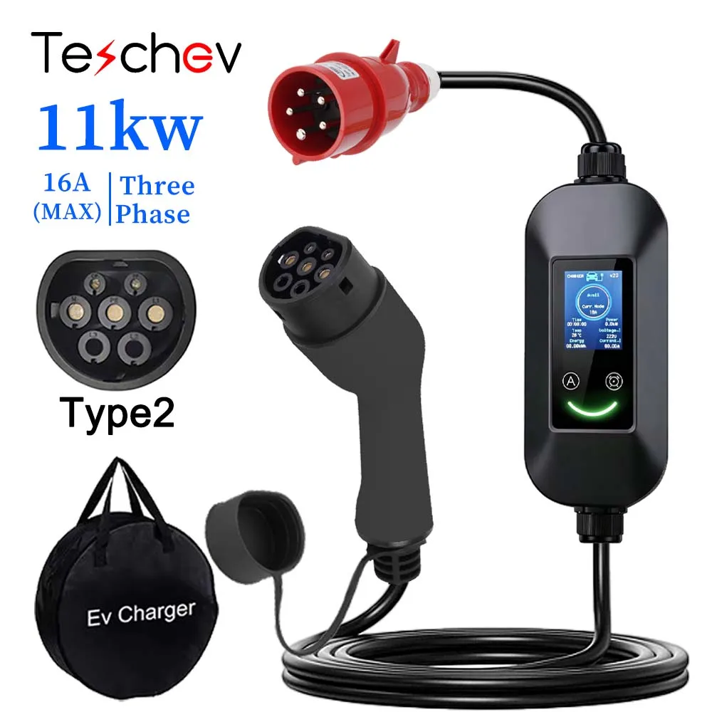 Teschev 220V 230V Draagbare EV-lader Wallbox 16A Type1 J1772 Laadkabel Type2 Snoer IEC62196 Schuko Stekker voor Elektrische Auto 2 Jaar Garantie