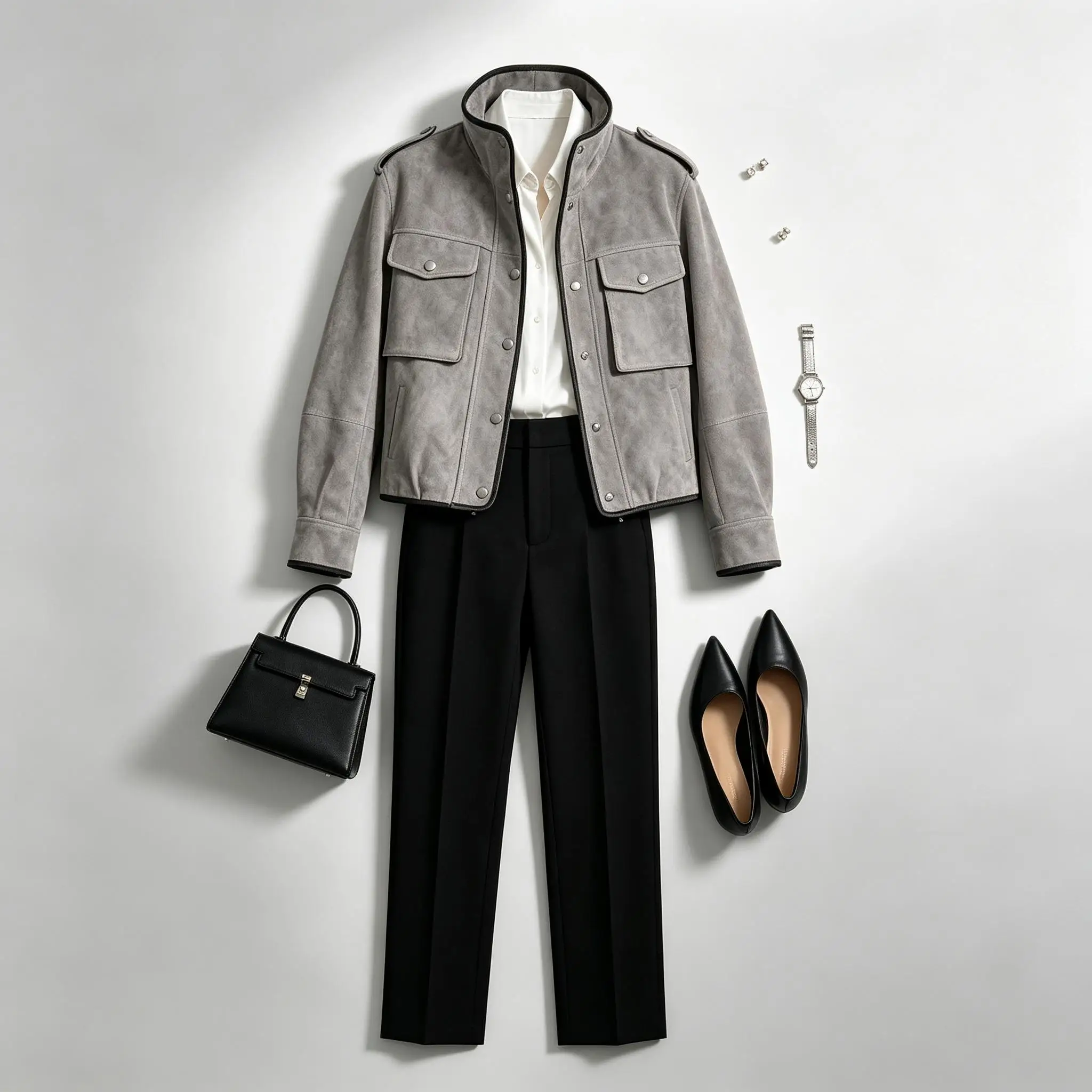 Vintage Grey Suede Sheepskin Jacket ，Women Loose Fit Stand Collar Cargo Outerwear