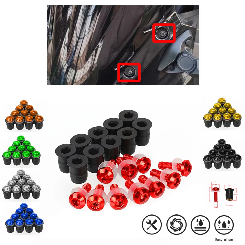 

10PCS 5mm/0.20in Universal Motorcycle Rubber Well Nuts Windscreen Windshield Fairing Cowl Anodized Aluminum Moto Screws Bolts