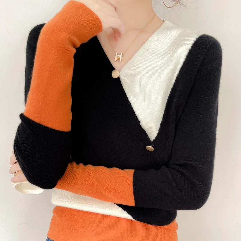 Women Cashmere Sweater V-neck Autumn and Winter Color blocked fake cardigan Knitted Cashmere Sweaters Women