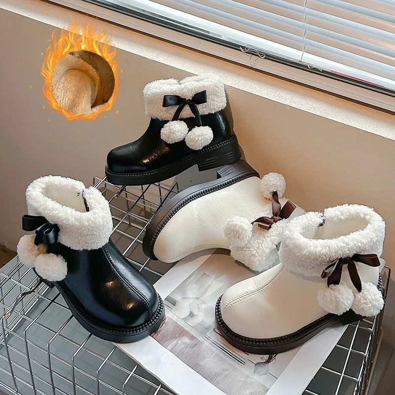 Girls Boots 3-18 Years Old Autumn Winter Padded Warm Girls Cotton Shoes Beige Fur Ball Children Baby Snow Boots Kids Short Boots