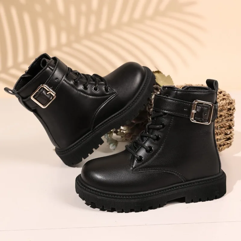 Crianças botas curtas versátil moda crianças botas de couro cor sólida fundo macio 2025 outono inverno novas meninas botas casuais