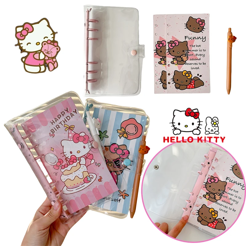 Sanrio Hello Kitty Notebook with Kt Pen Shell Student Cartoon 6 Holes Handbook Clip Anime Stationery Clip A6 Loose-leaf Folder