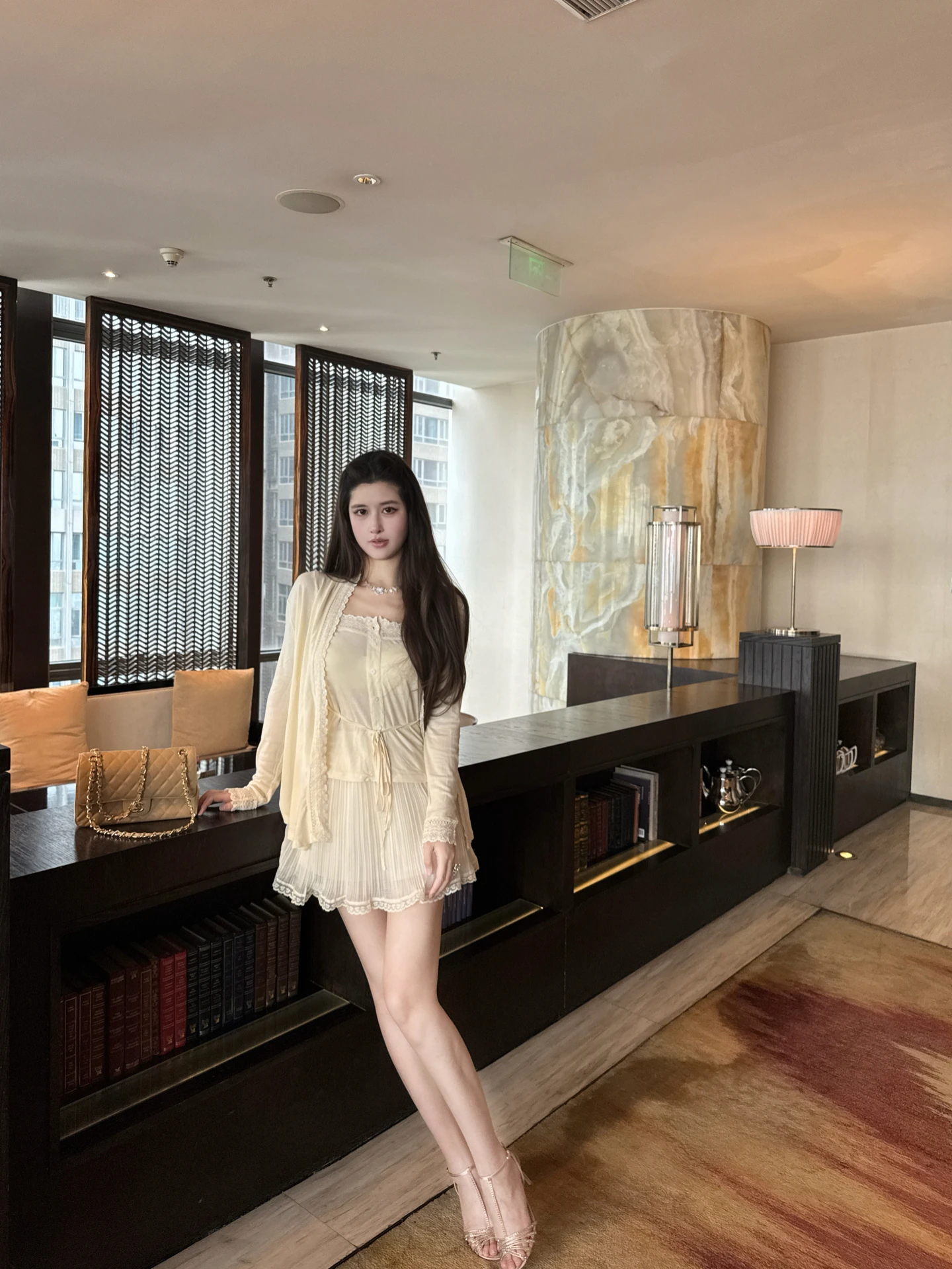 

M900 Lace Strap Pleated Skirt Open Cardigan Set Women's Summer New Design Sensation Small Audience Slimming Three-piece Set