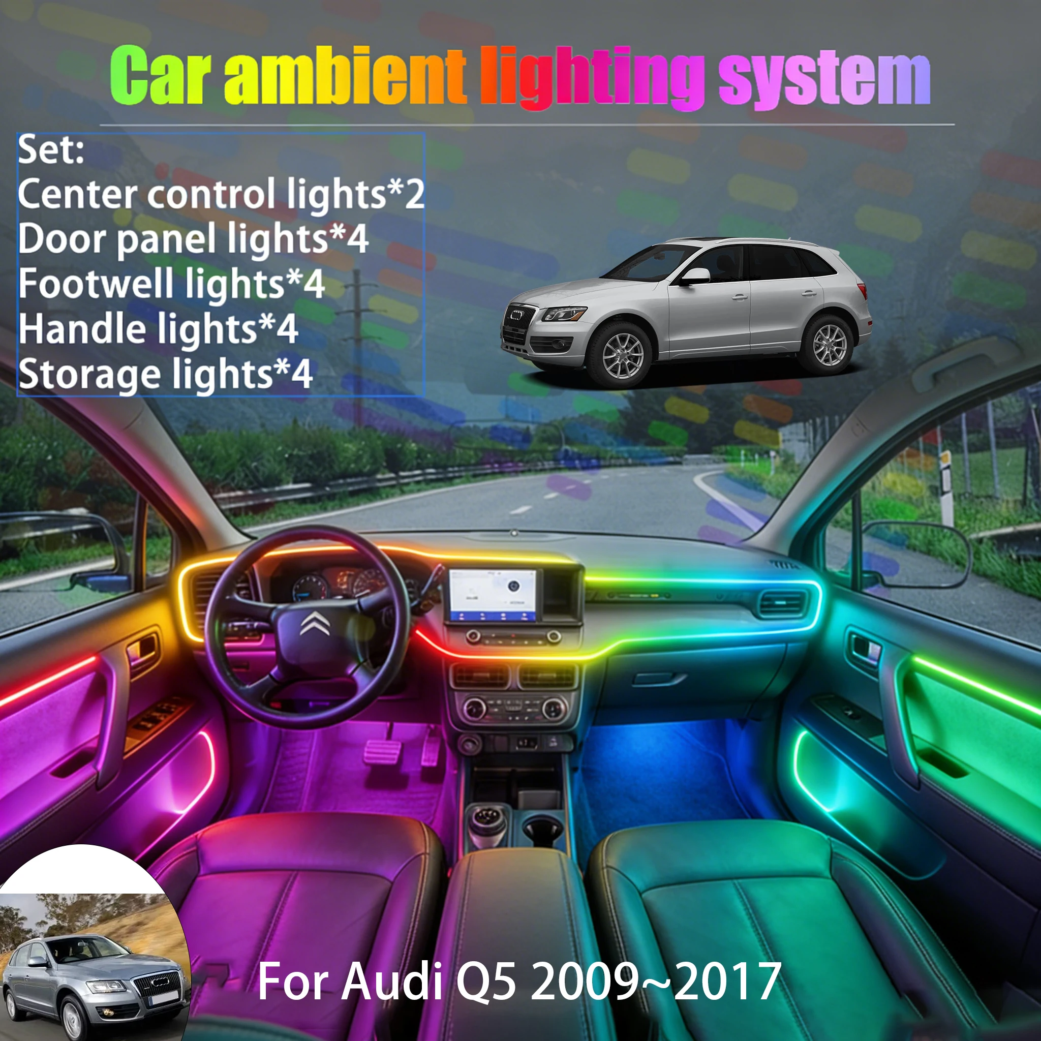

Для Audi Q5 2009~2017 8R MK1 2/18 в 1: Комплект светодиодной подсветки салона и багажника USB RGB, атмосферная подсветка, автозапчасти