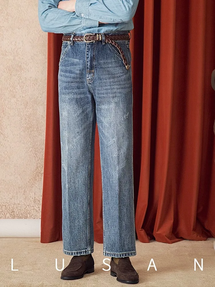 メンズ ウォッシュド ハイウエスト ジーンズ - 秋冬 レトロ フリンジ ライトカラー アメリカン ストレートレッグ